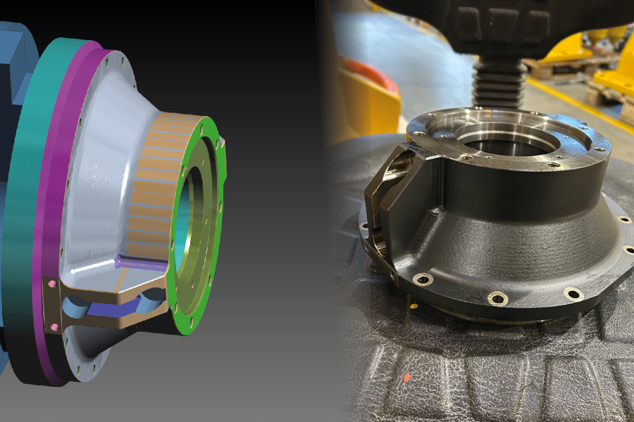 Edgecam modell ved siden av ferdig maskinert del